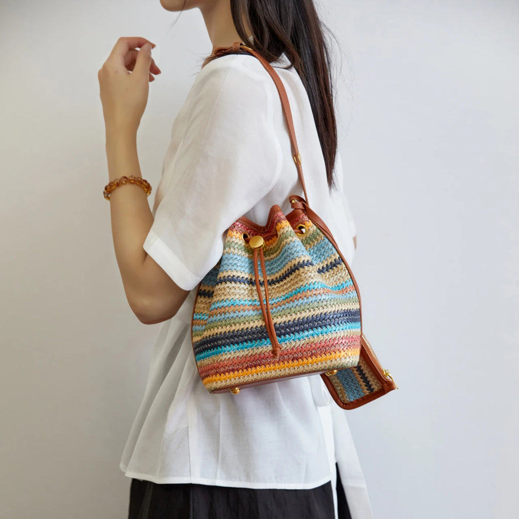 2 Pcs/set Bucket Design Crossbody Bag 2025 Boho Beach Shoulder Purses and Handbags Summer Colorful Straw Bolsa Feminina New