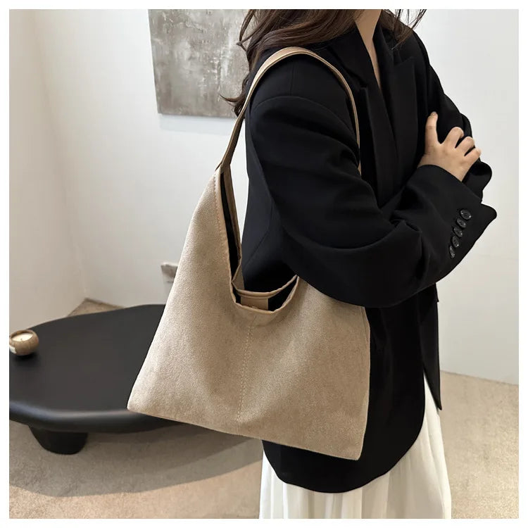 Vintage Faux Suede Tote Bags for Women Large Capacity Shoulder Ladies Underarm Bag Casual Simple Commuter Female Handbags
