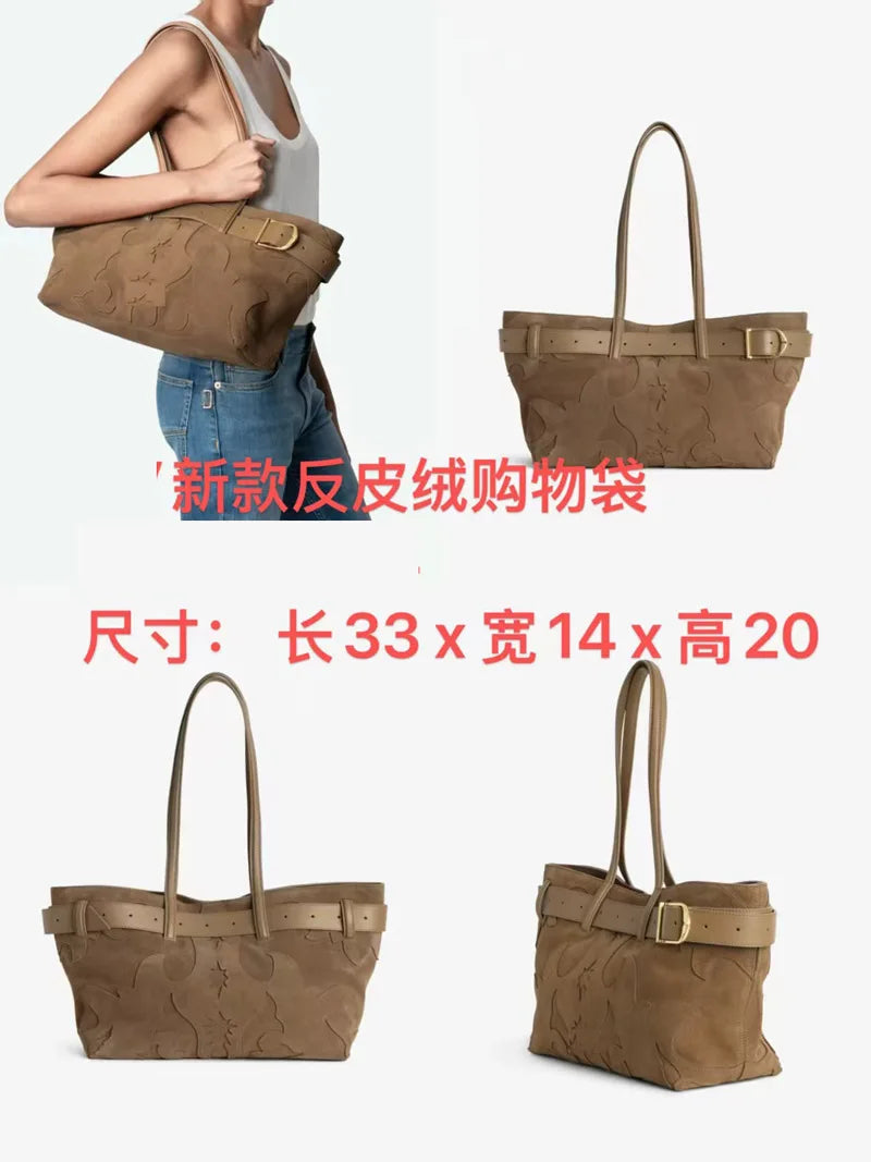 New Brown Suede Hobo Bag for Women, Studded Cowhide Large Tote Purse, Faux Suede Leather Shoulder Crossbody Handbag for Shopping
