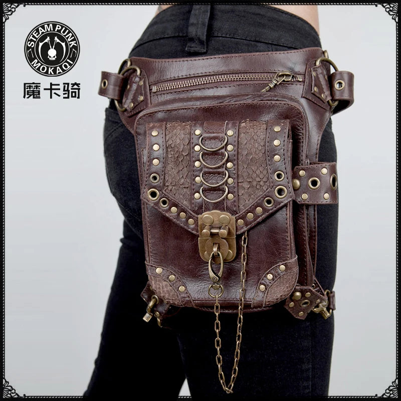 Steampunk Gothic Crossbody Bag Unisex Mini Waist Purse Medieval Rivet Multi-Purpose Travel Shoulder Bag Brown Multi-Way Backpack