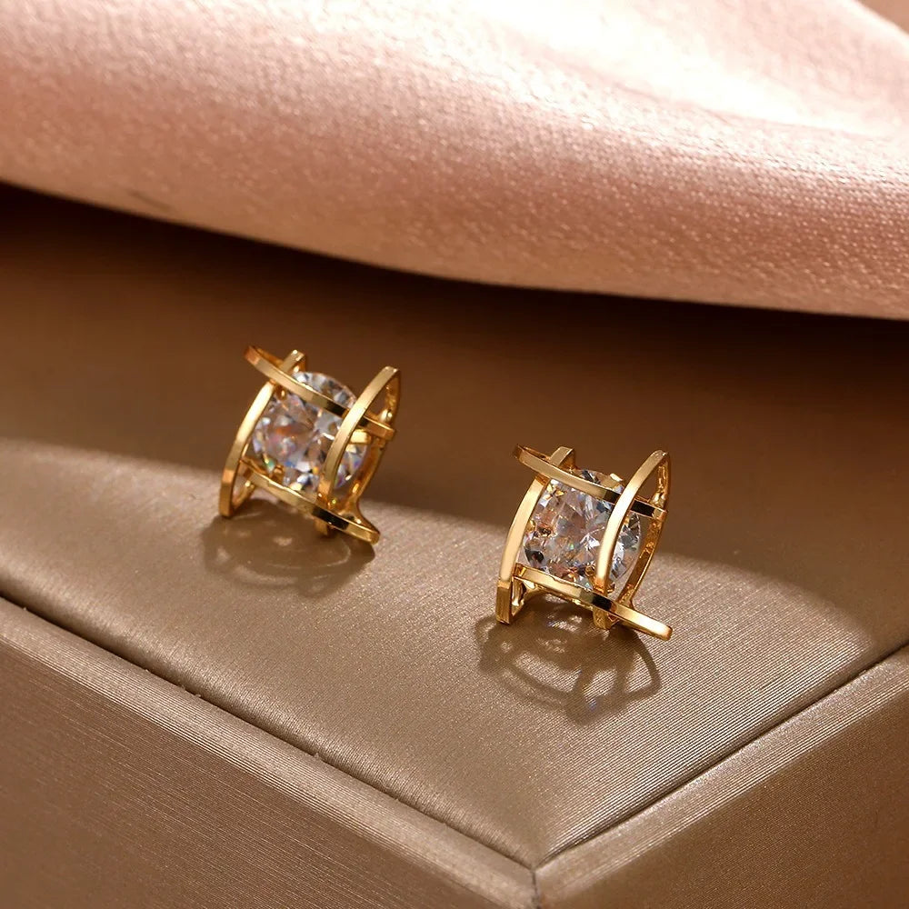 Zircon Small Square Crystal Stud Earrings For Women Luxury Vintage Wedding Party Jewelry Gift