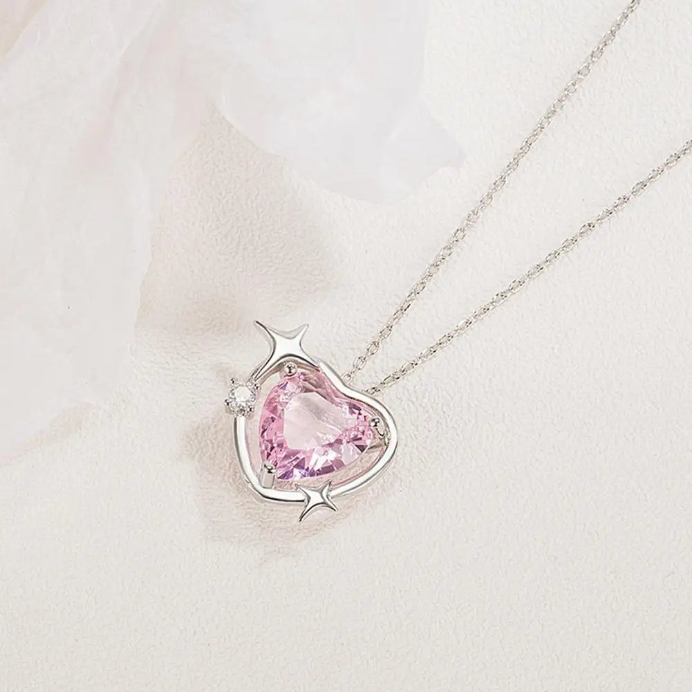 New Fashion Trendy Crystal Pink Zircon Heart Pendant Necklace For Women Girl Elegant and Sweet Punk Party Jewelry