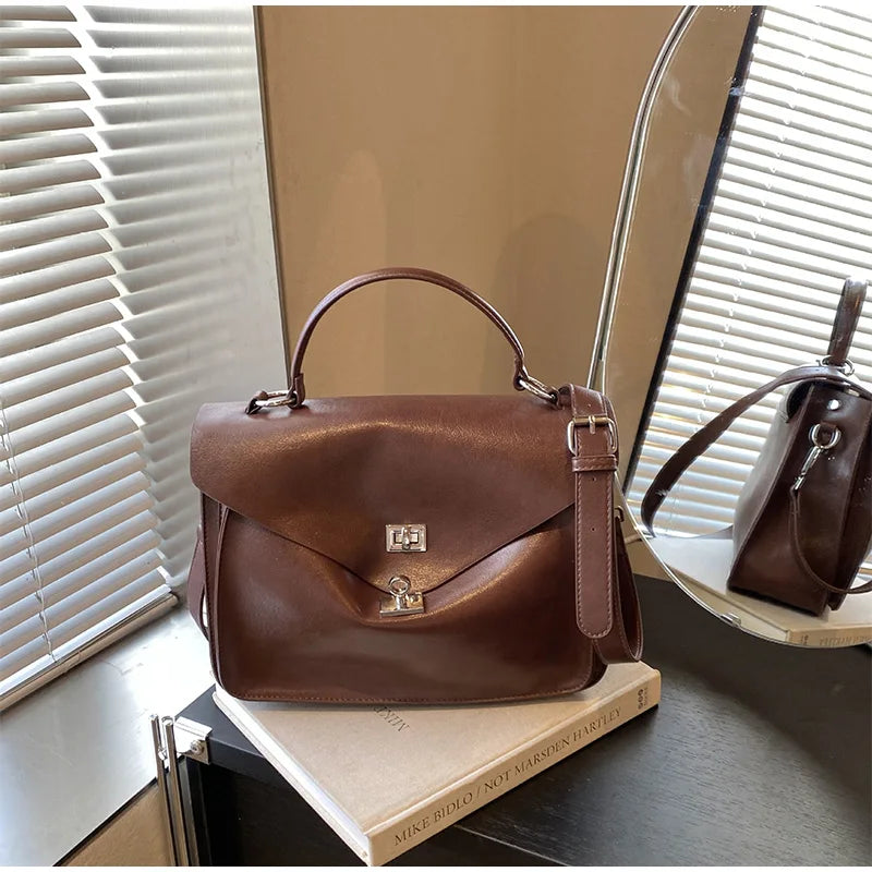 Crossbody Messenger Bag,Designer Versatile Large Capacity Commuting Shoulder Bag,Lady PU Tote Bags Vintage Buckle Handbag Brown