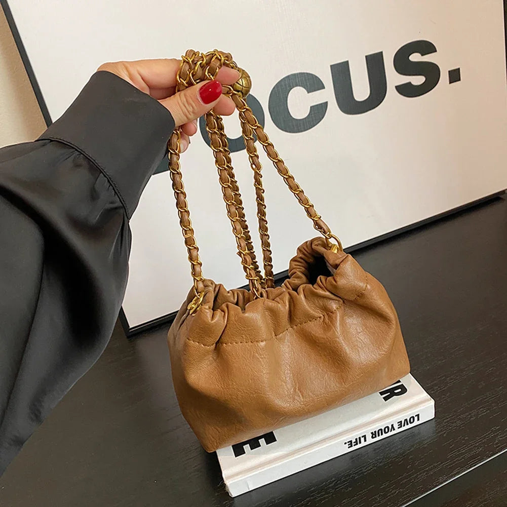 Women's Crossbody Tote Bag PU Leather Hobo Bag Fashionable Retro Bucket Bag Korean High-End Chain Crossbody Bag