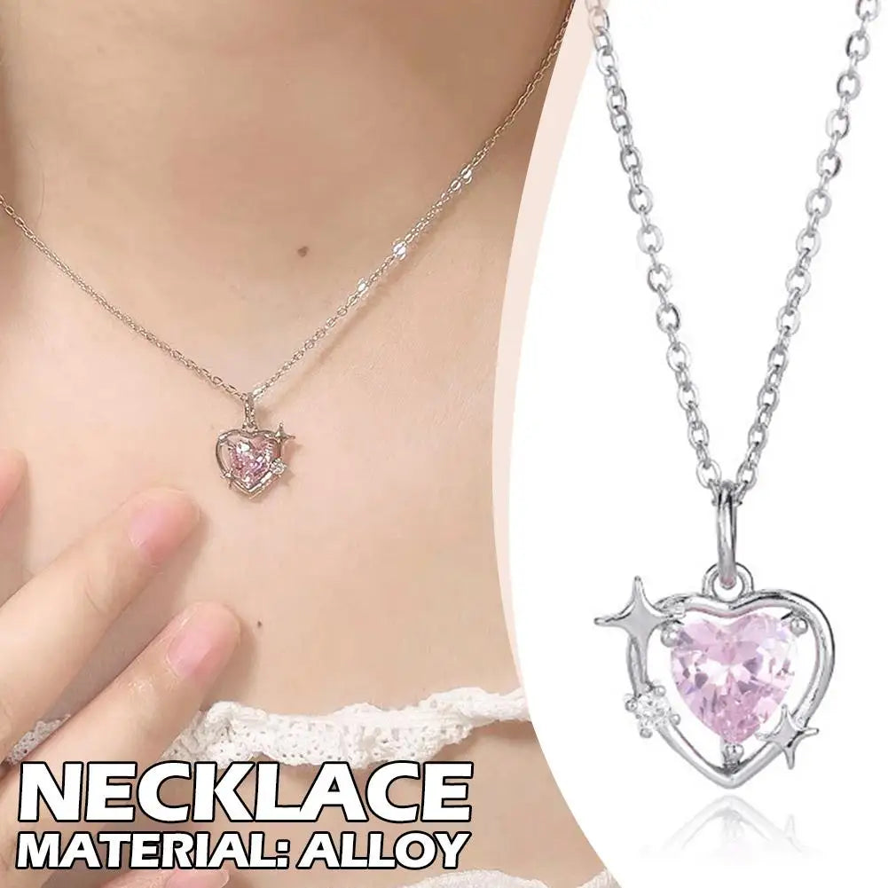New Fashion Trendy Crystal Pink Zircon Heart Pendant Necklace For Women Girl Elegant and Sweet Punk Party Jewelry