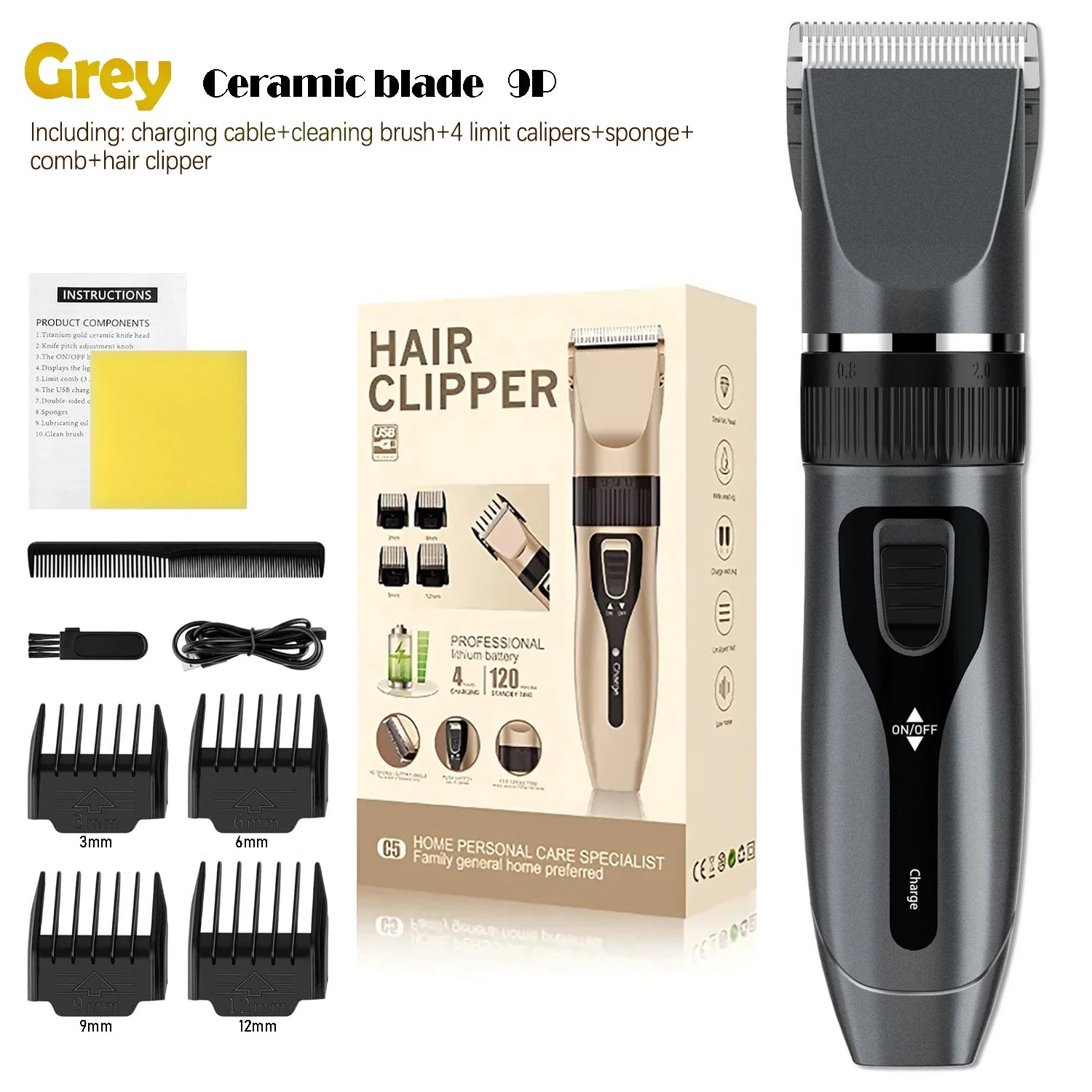 Professional Home Electric Hair Clipper Set with Digital Display, USB Fast Charging, Ceramic Blades & Long Battery Life