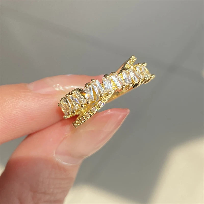 Luxury Zircon Shiny Chic Resizable Double Student Opening Rings for Woman Silver Color Gothic Finger Jewelry Wedding Party