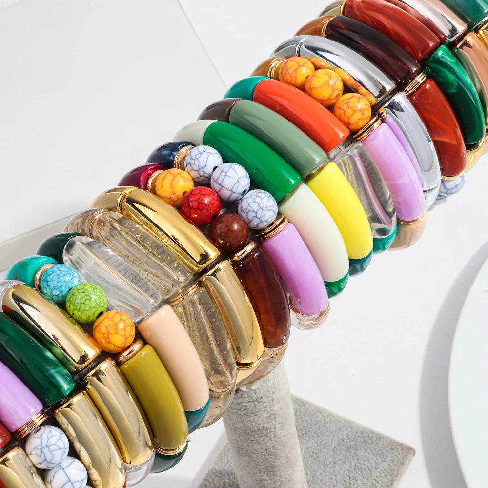 Bohemia Acrylic Bamboo Curved Tube Bracelet for Women Colorful Resin Chunky Elastic Stack Bracelets & Bangles Retro Jewelry Gift
