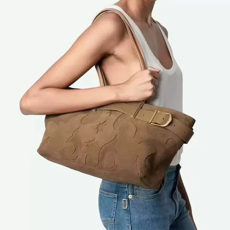 New Brown Suede Hobo Bag for Women, Studded Cowhide Large Tote Purse, Faux Suede Leather Shoulder Crossbody Handbag for Shopping