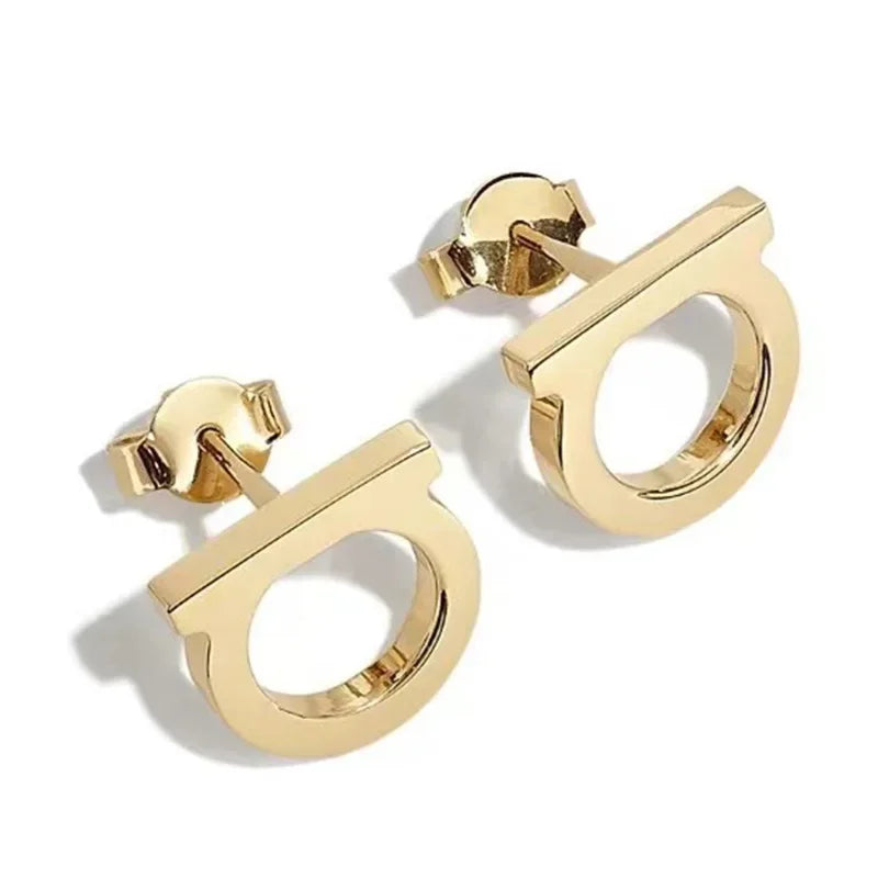 1 Pair Simple and Luxurious Zircon Inlaid D-shaped Stainless Steel Electroplated 18K Real Gold Stud Earrings Women Jewelry Gift