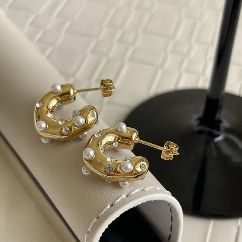 Retro Personality Colorful Zircon C Shape Stud Earrings for Women Charm Gold Color Stainless Steel Crystal Dangle Jewelry Gift