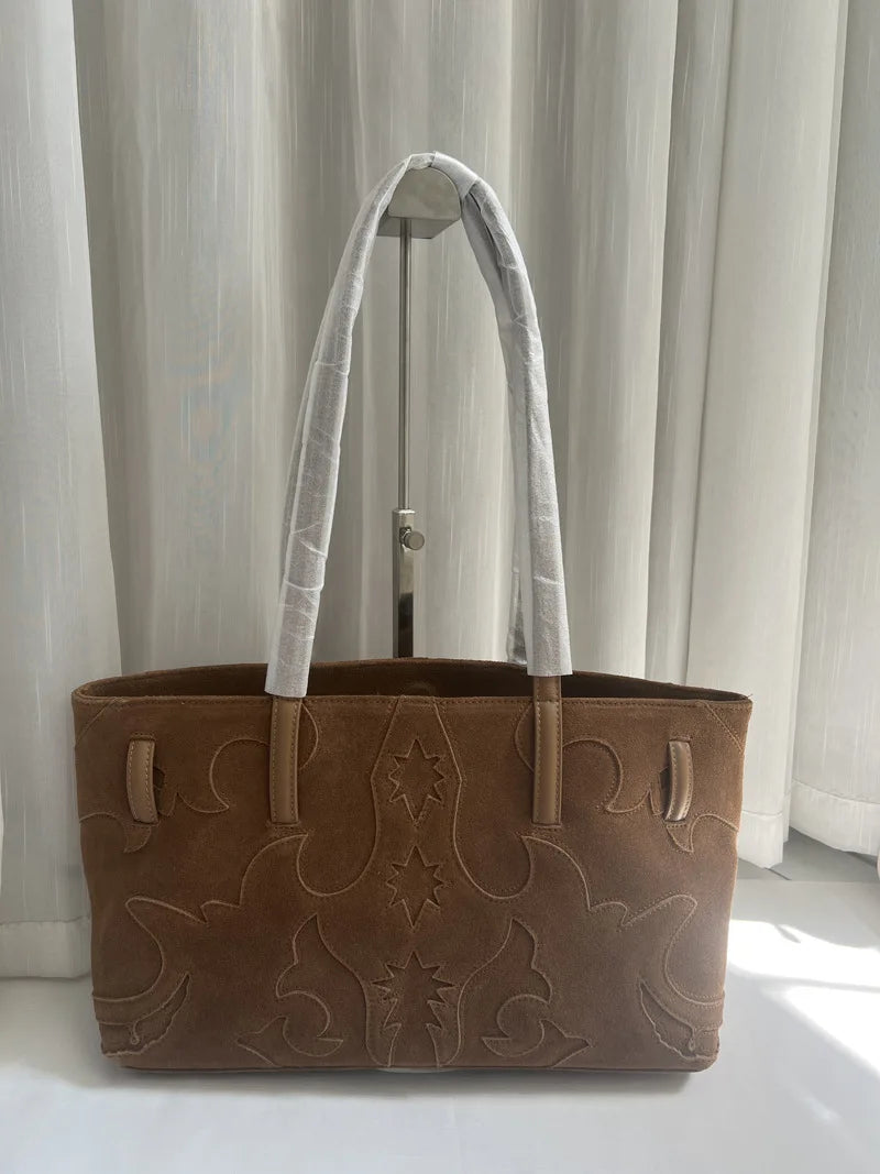 New Brown Suede Hobo Bag for Women, Studded Cowhide Large Tote Purse, Faux Suede Leather Shoulder Crossbody Handbag for Shopping