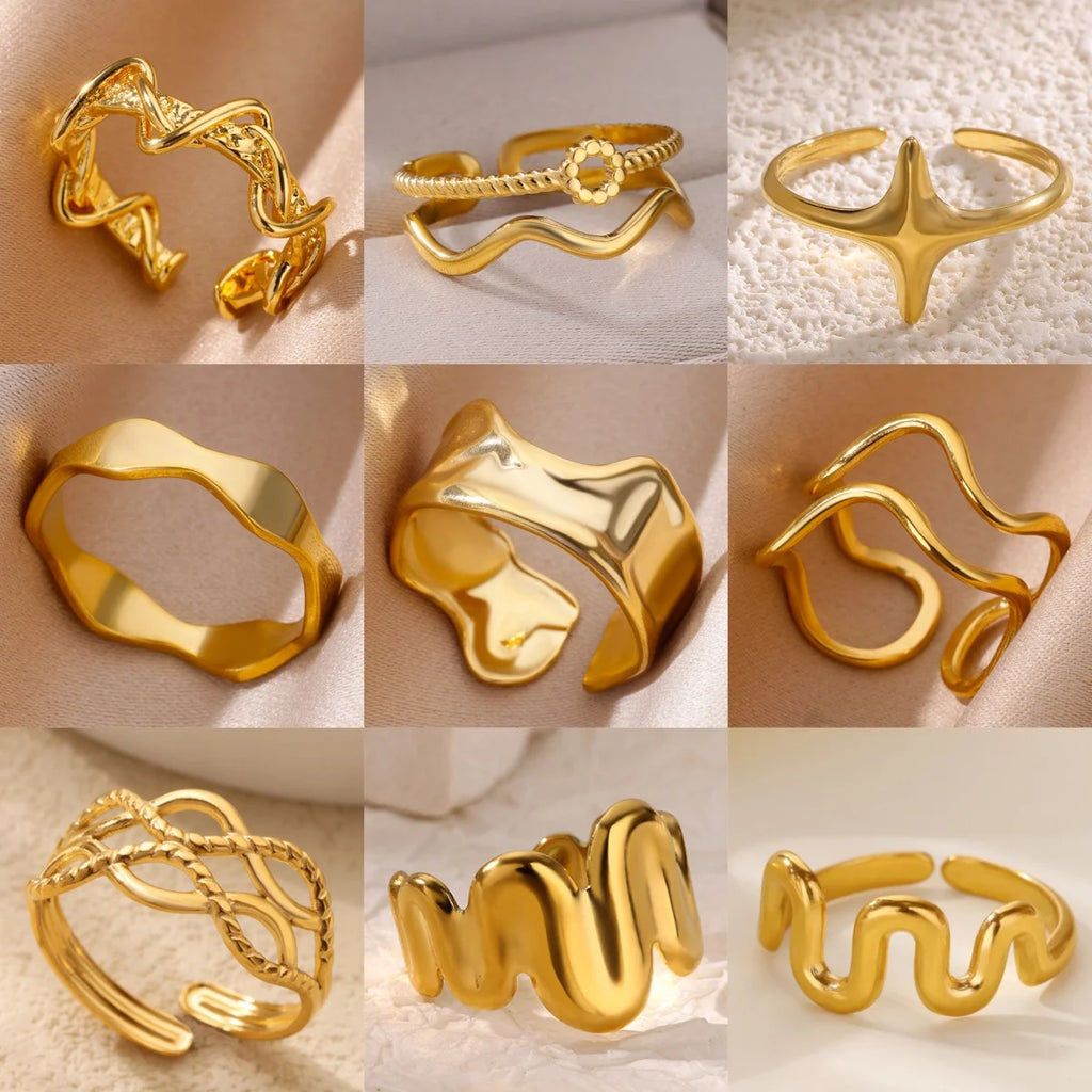 Minimalist wave Stainless Steel Rings For Women Gold plating Adjustable Finger Rings 2025 New Trends Jewelry Accessories