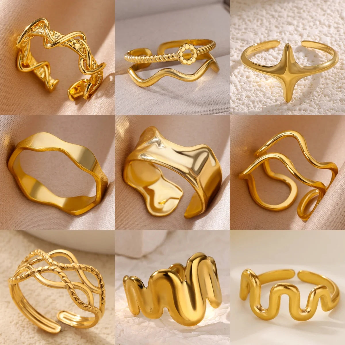 Minimalist wave Stainless Steel Rings For Women Gold plating Adjustable Finger Rings 2025 New Trends Jewelry Accessories