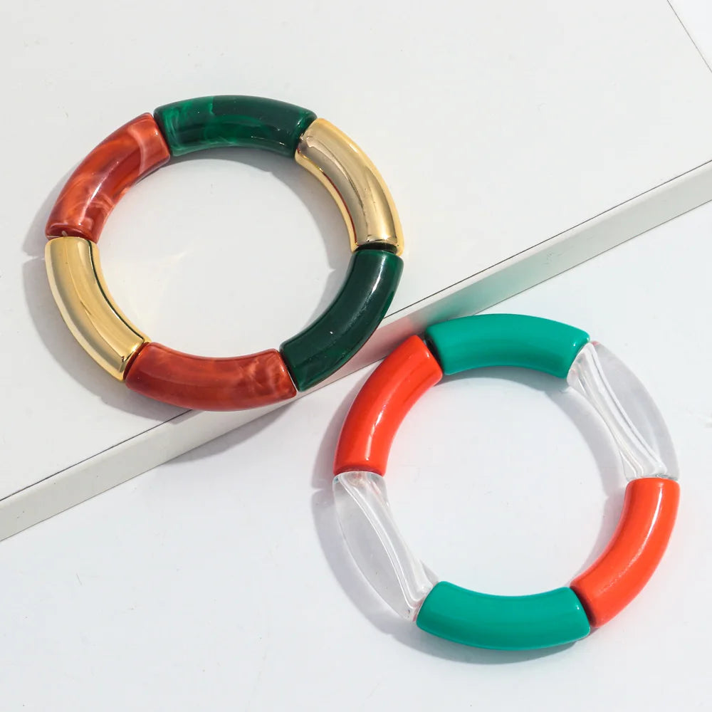 Bohemia Acrylic Bamboo Curved Tube Bracelet for Women Colorful Resin Chunky Elastic Stack Bracelets & Bangles Retro Jewelry Gift