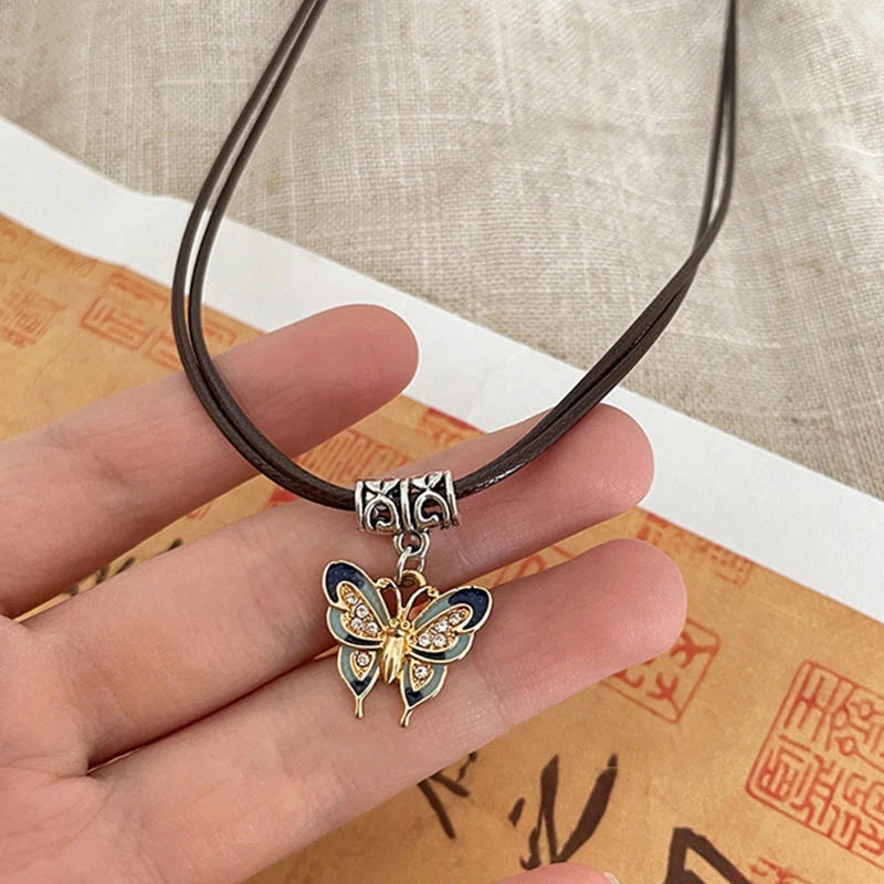 Chinese Style Fashion Retro Braided Rope Necklace Butterfly Flower Moon Safety Lock Pendant Necklace For Women Vintage Jewelry