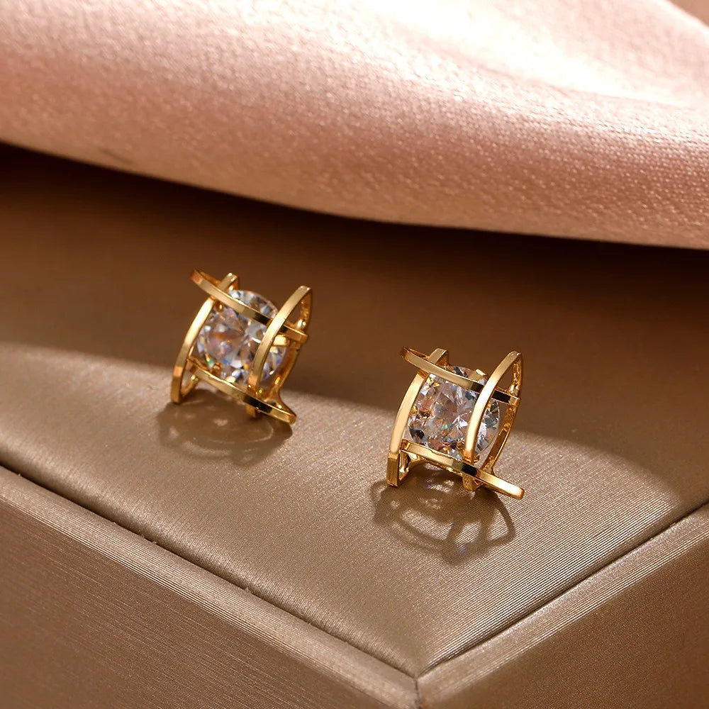 Zircon Small Square Crystal Stud Earrings For Women Luxury Vintage Wedding Party Jewelry Gift