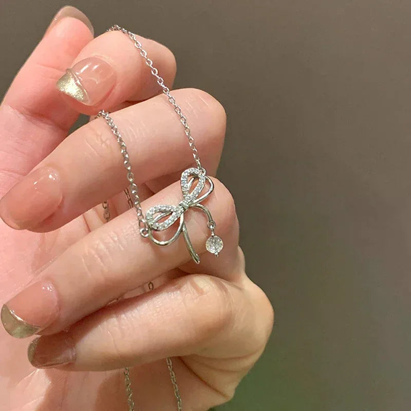Zircon Bow Knot Pendant Necklace for Women Design Elegant Korean Fashion Necklaces Woman Charms Necklace Party Lady Accesorios