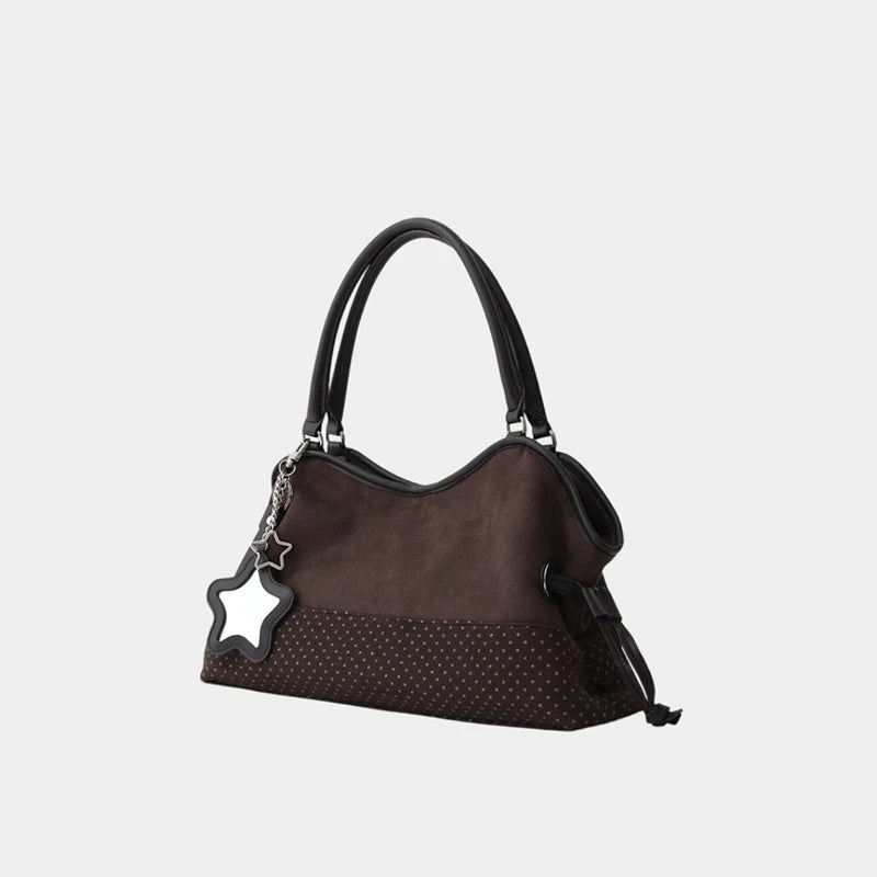 Polka Dot Suede Shoulder Bag Women Stylish Brown Slouchy Tote Drawstring Design Magnetic Buckle Underarm Bag With Star Pendant