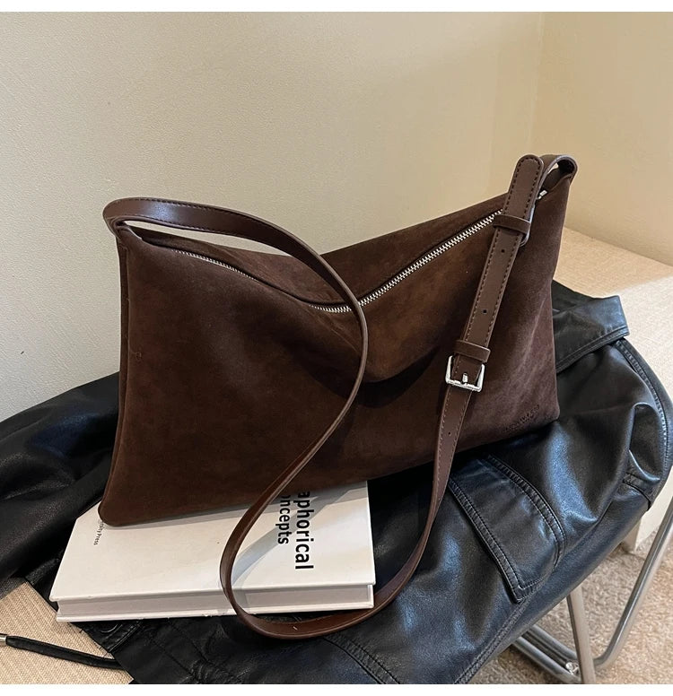 Vintage Suede Tote Bag For Women Autumn Winter New Large Capacity Commute Shoulder Crossbody Bags Fashion Trend Underarm Bags