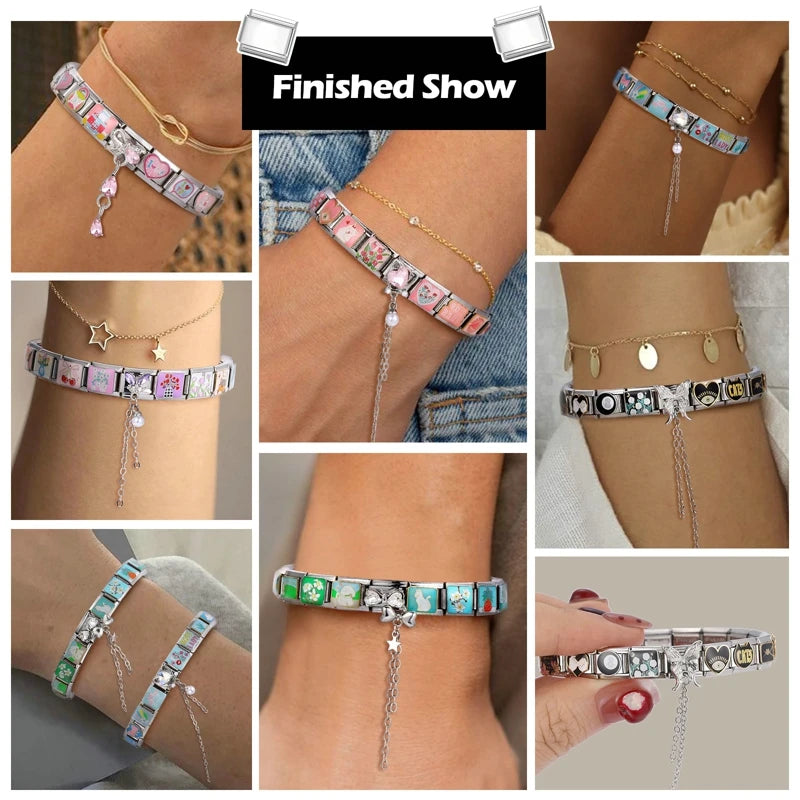 Zircon Moon Cherry Heart Star Bow Knot Butterfly Tassel Italian Charm Links Fit 9mm Bracelet Stainless Steel DIY Making Gifts