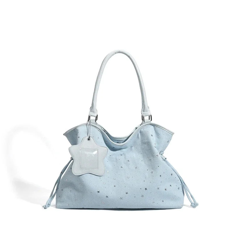 Polka Dot Suede Shoulder Bag Women Stylish Brown Slouchy Tote Drawstring Design Magnetic Buckle Underarm Bag With Star Pendant