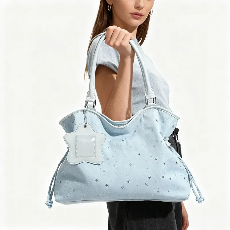 Polka Dot Suede Shoulder Bag Women Stylish Brown Slouchy Tote Drawstring Design Magnetic Buckle Underarm Bag With Star Pendant