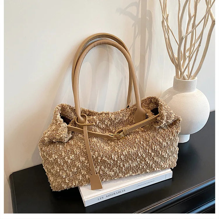 Belt Design Matte Leather Women's Tote Shoulder Bag Suede Velvet Female Underarm Bags Large Capacity Ladies Work Handbags Purse