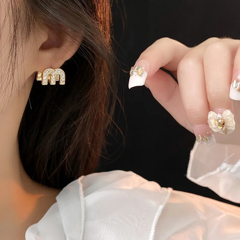 Zircon Drop Oil M Letter Ear Buckle Female Design High-grade Sense Stud Earrings for Women Fashion Light Luxury Jewelry Gifts