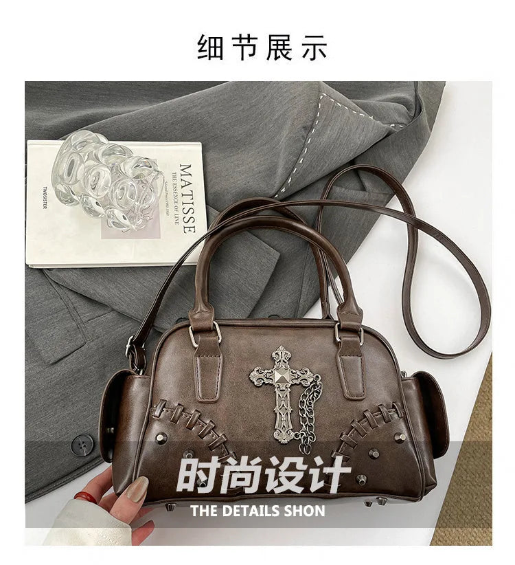 2026 Spring New Punk Gothic Cross Body Bag for Women Small Square Shoulder Bag with Metal Studs Cross Design Edgy Alternative