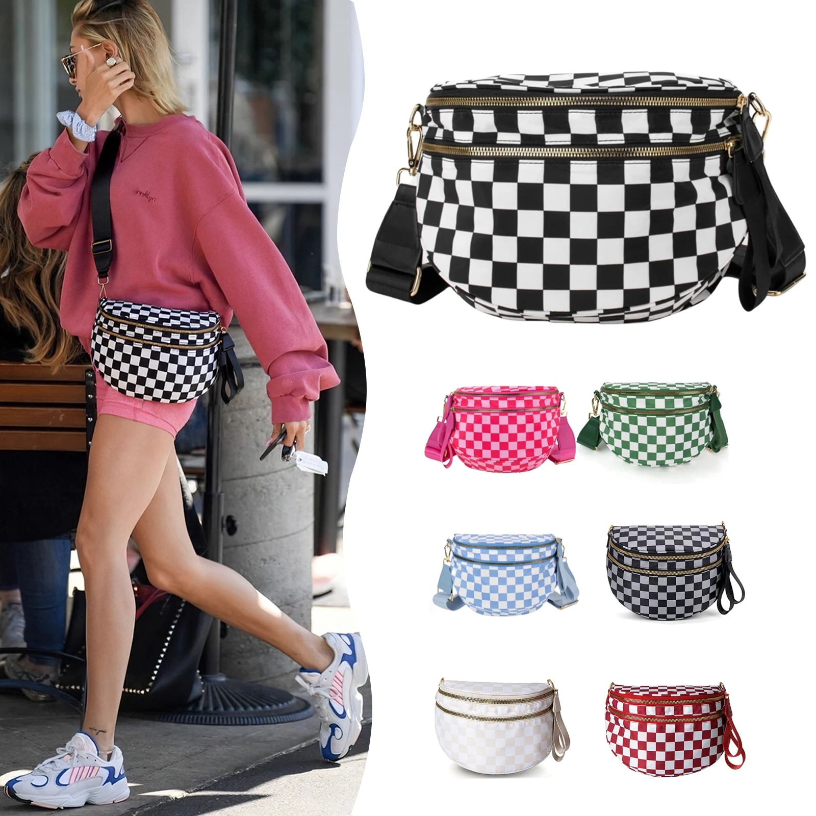 Spacious Black and White Checkered Crossbody Bum Bag, Spacious Design for Essentials Plus Size Friendly Strap 55"