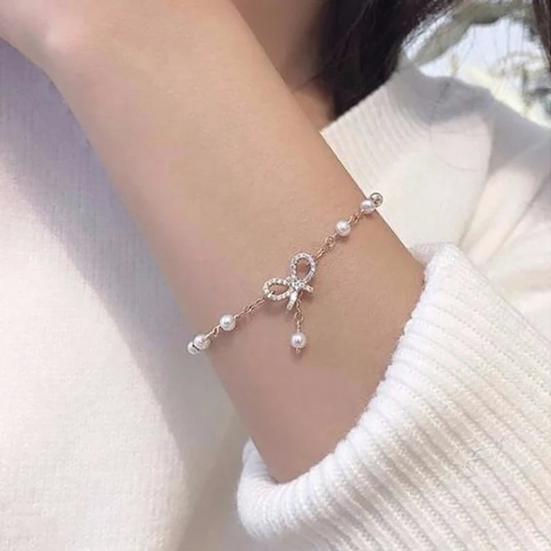 Fashion Women Bow Pearls Charm Bracelet High Quality Crystal Thin Chain Bracelet Fashion Jewelry Hello Girl Gift