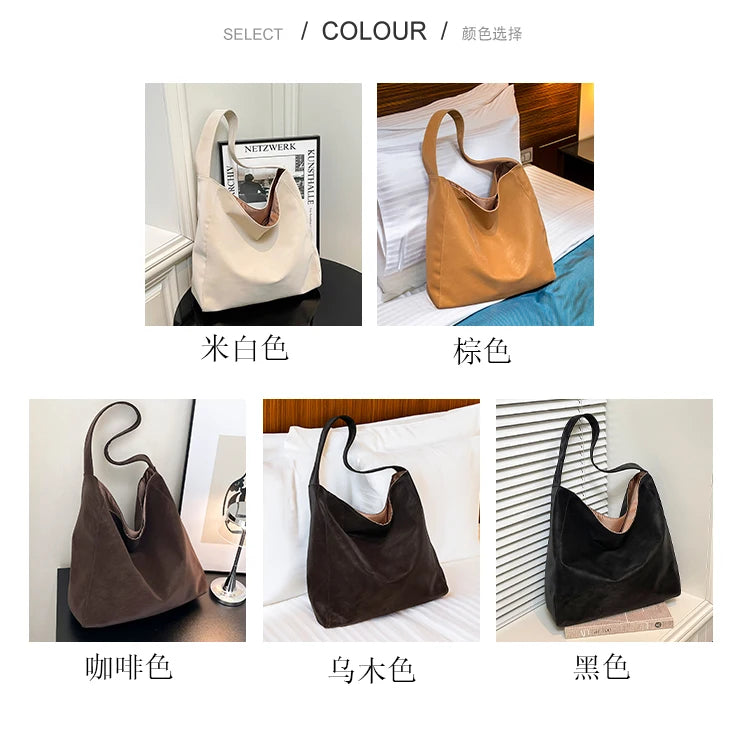 Faux Suede Solid Color Simple Casual Tote 2025 Winter Retro Shoulder Bags Large Capacity Temperament Versatile Women's Handbags