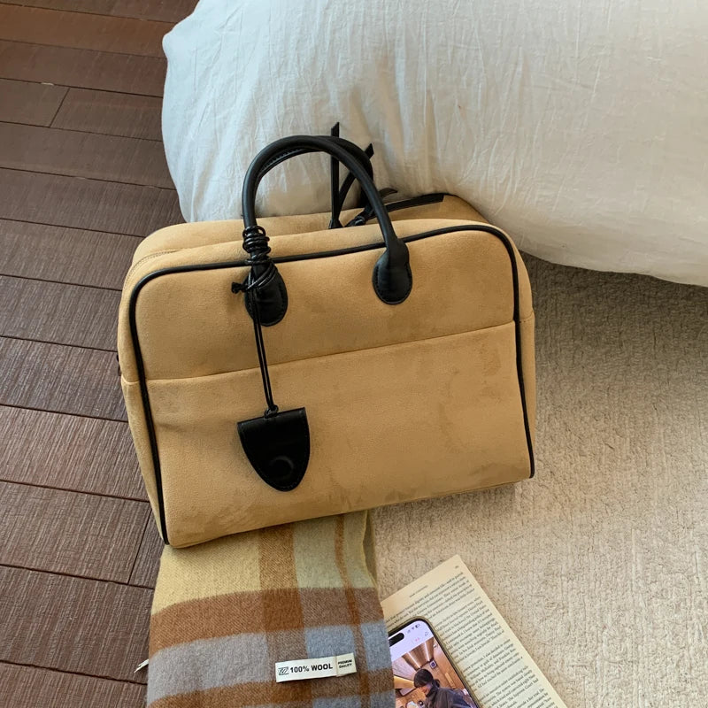 Faux Suede Taupe Retro Tote Bags for Women Solid Color Large Capacity Commuting Versatile Casual Shoulder Bag Classic Handbag