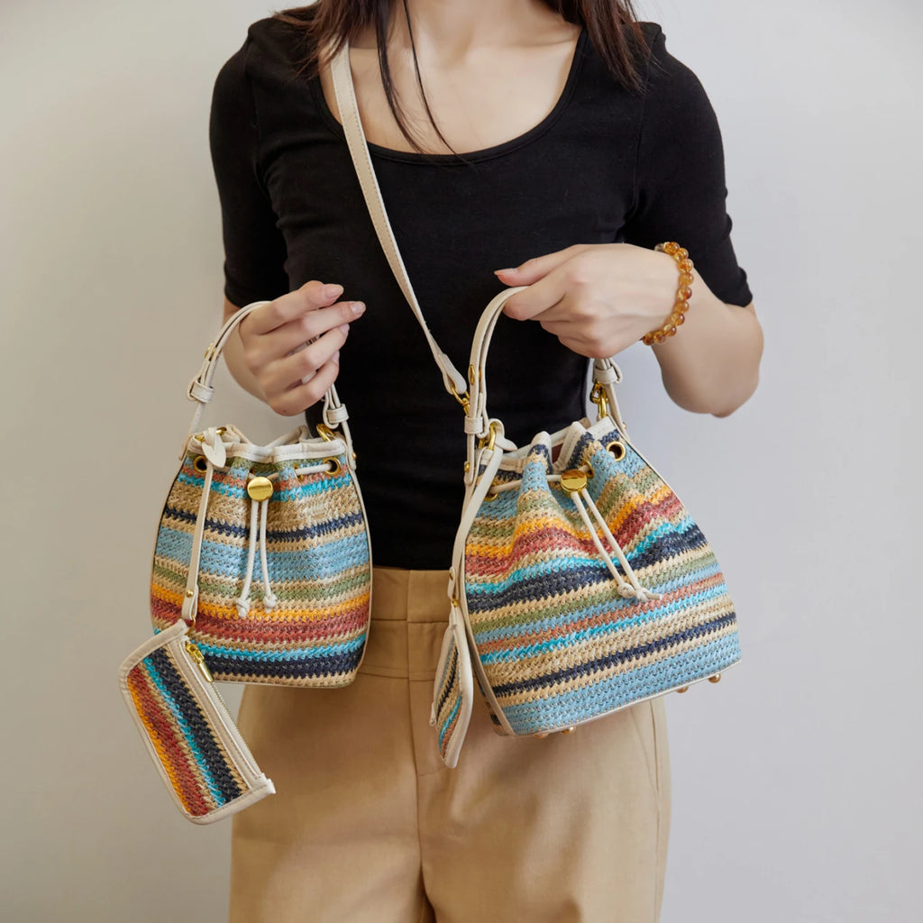2 Pcs/set Bucket Design Crossbody Bag 2025 Boho Beach Shoulder Purses and Handbags Summer Colorful Straw Bolsa Feminina New