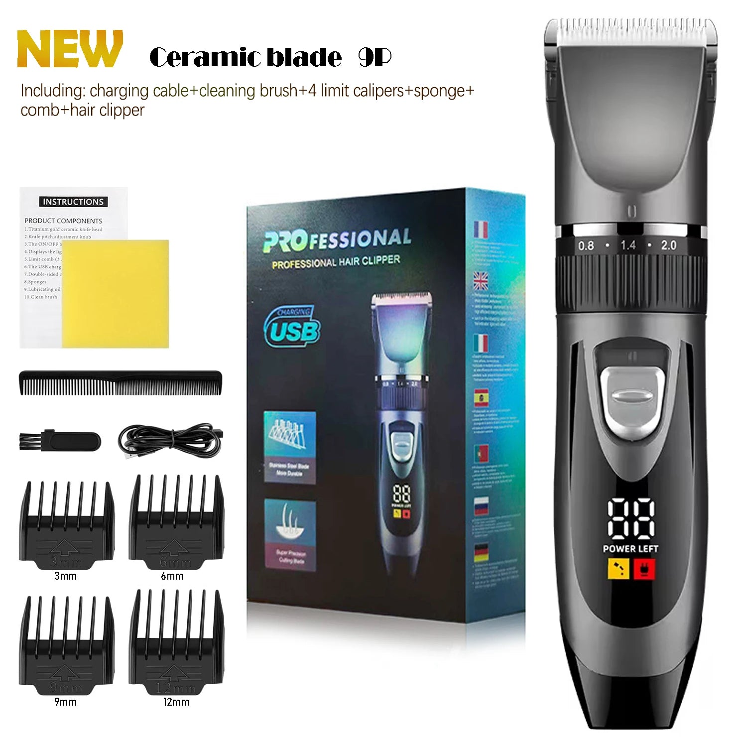 Professional Home Electric Hair Clipper Set with Digital Display, USB Fast Charging, Ceramic Blades & Long Battery Life