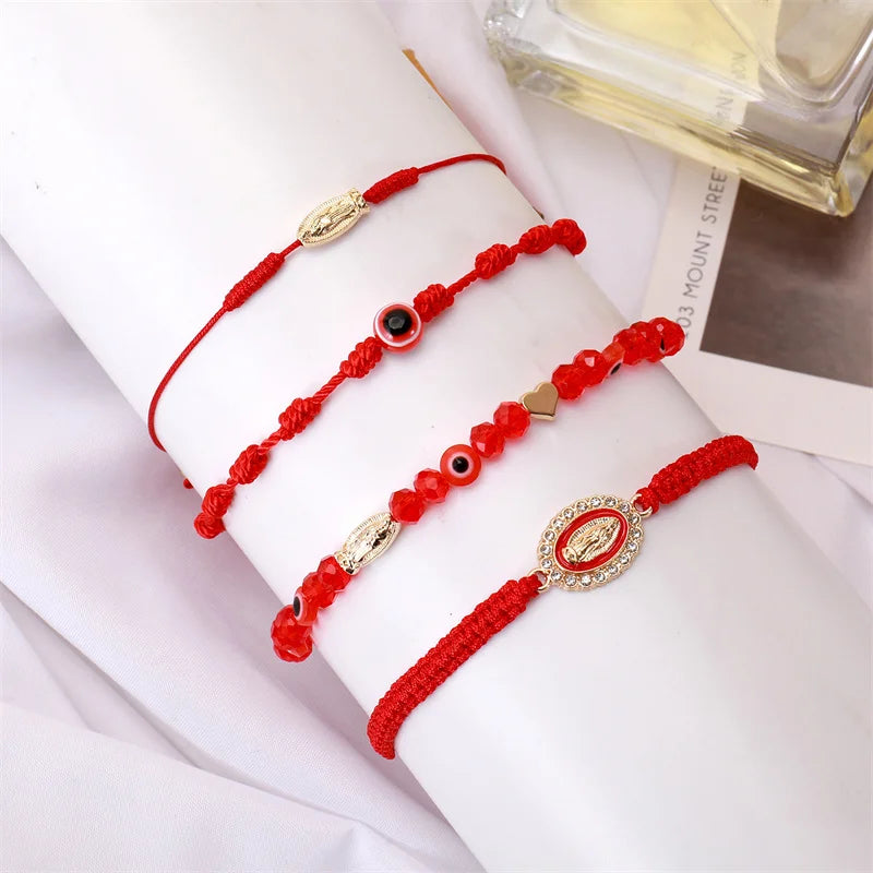 4Pcs Mexican Braclets Virgin Mary San Judas Bracelet For Women Girls Red String Evil Eye Green Beads Anklets Jewelry Gift