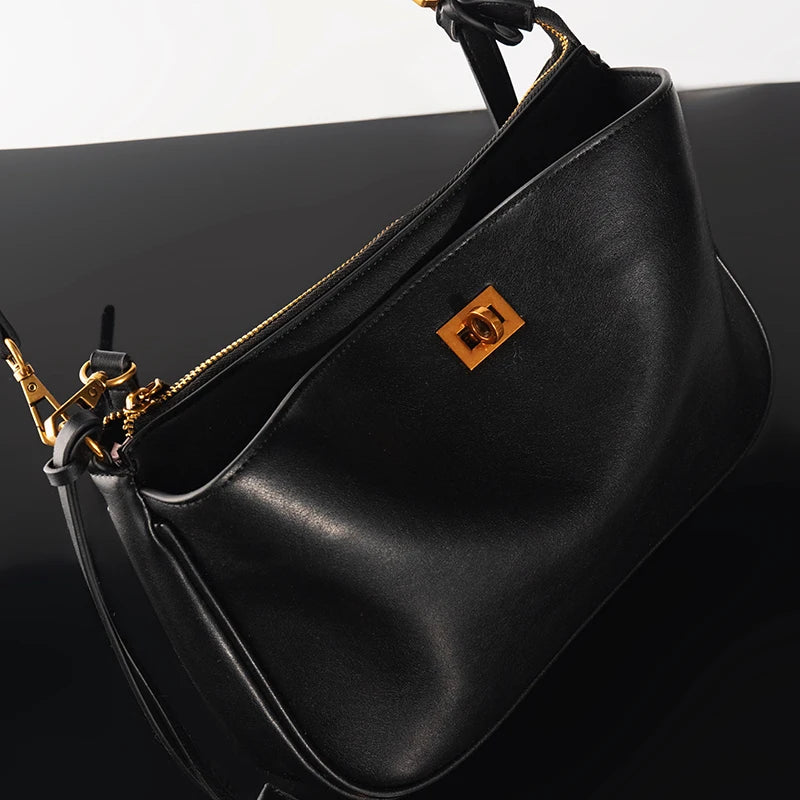 Luxury Rodeo Women Shoulder Bags Cowhide Leather Brand Black Handbags For Women Fashion Gold Silver Buckle Design Underarm Bags