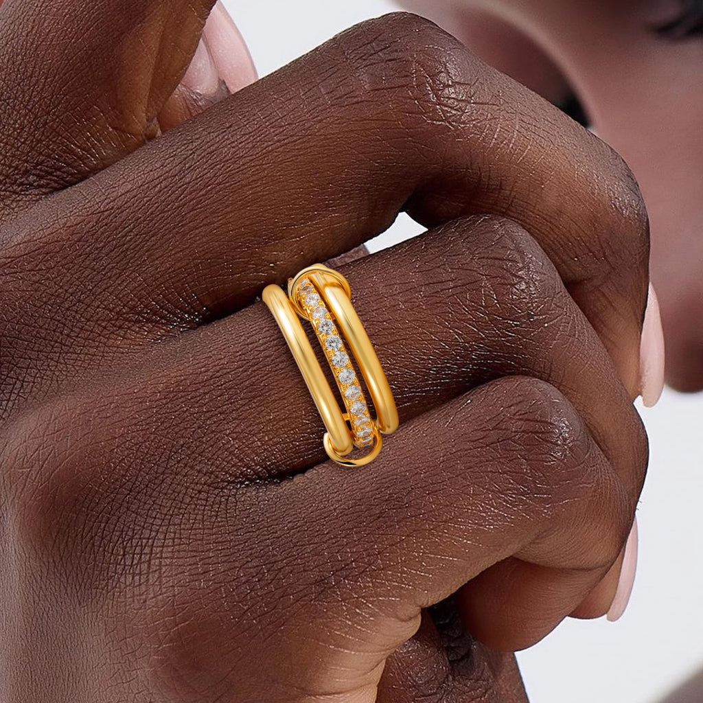 Luxury Cubic Zirconia Gold Plating Multilayer Connecting Rings for Women Fashion Mixed Color Stackable Finger Ring Party Jewelry