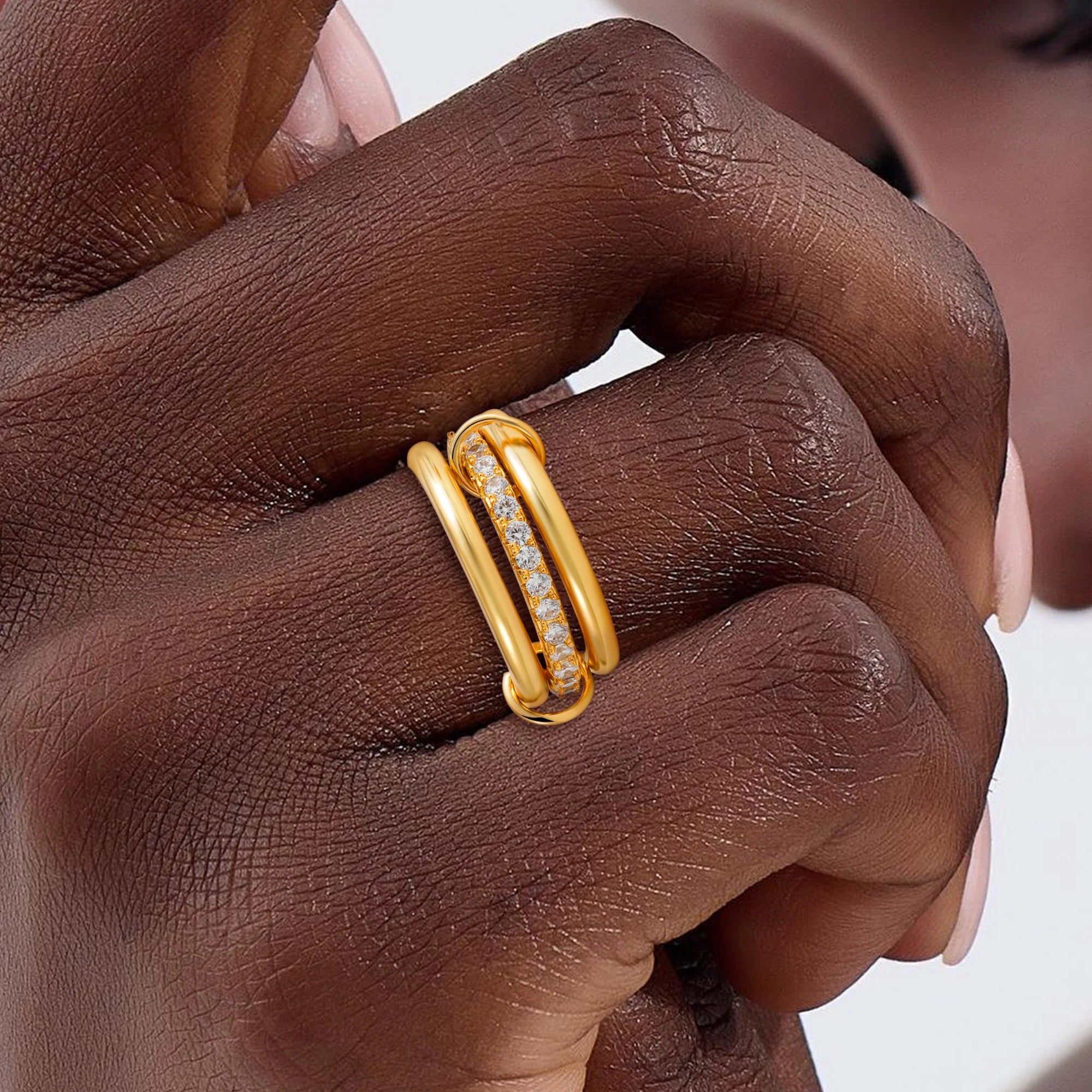 Luxury Cubic Zirconia Gold Plating Multilayer Connecting Rings for Women Fashion Mixed Color Stackable Finger Ring Party Jewelry