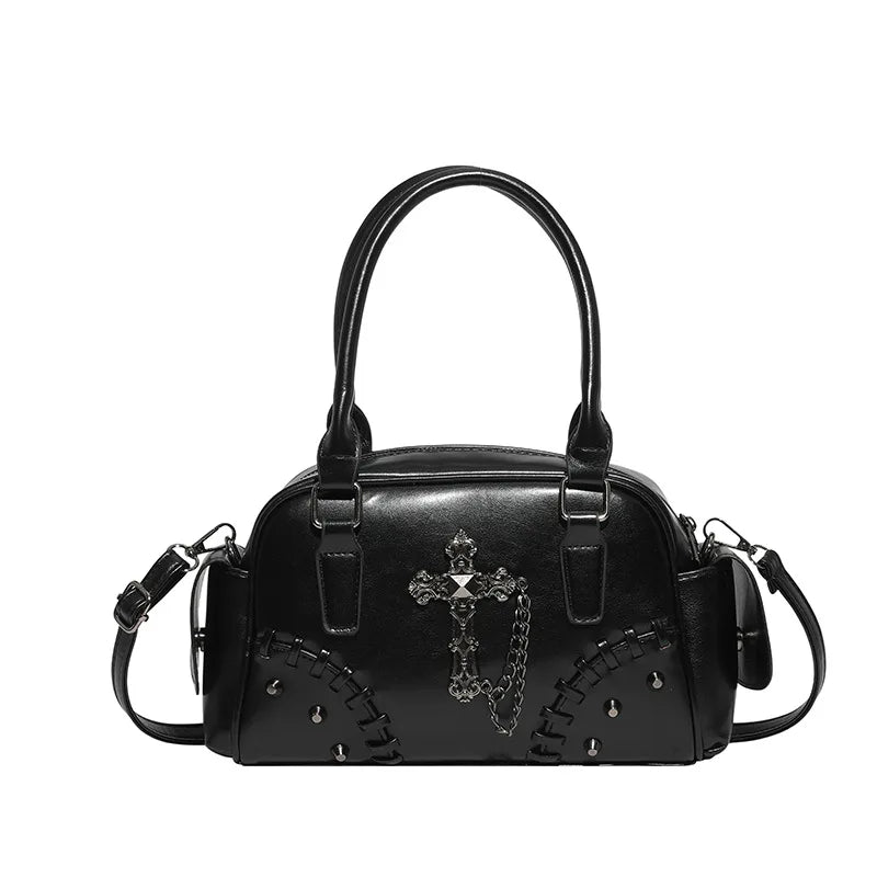 2026 Spring New Punk Gothic Cross Body Bag for Women Small Square Shoulder Bag with Metal Studs Cross Design Edgy Alternative