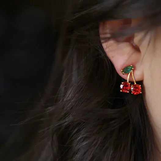 2024 Red Zircon Cherry Leaf Stud Earrings Women Piercing Jewelry For Fashion Crystal Dangle Party Prom Birthday Wedding Gifts