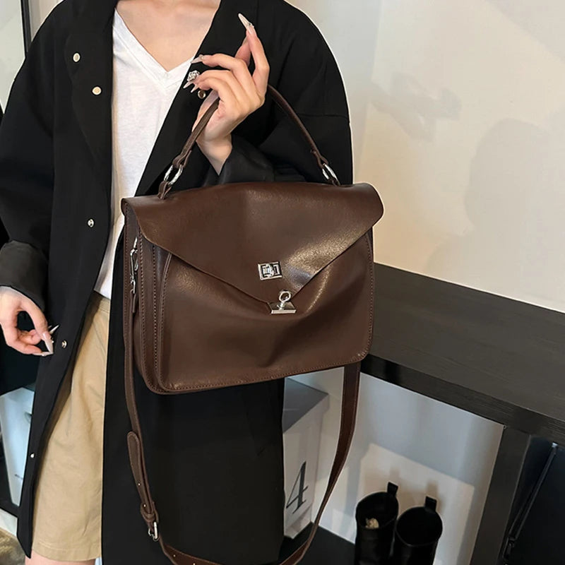 Crossbody Messenger Bag,Designer Versatile Large Capacity Commuting Shoulder Bag,Lady PU Tote Bags Vintage Buckle Handbag Brown