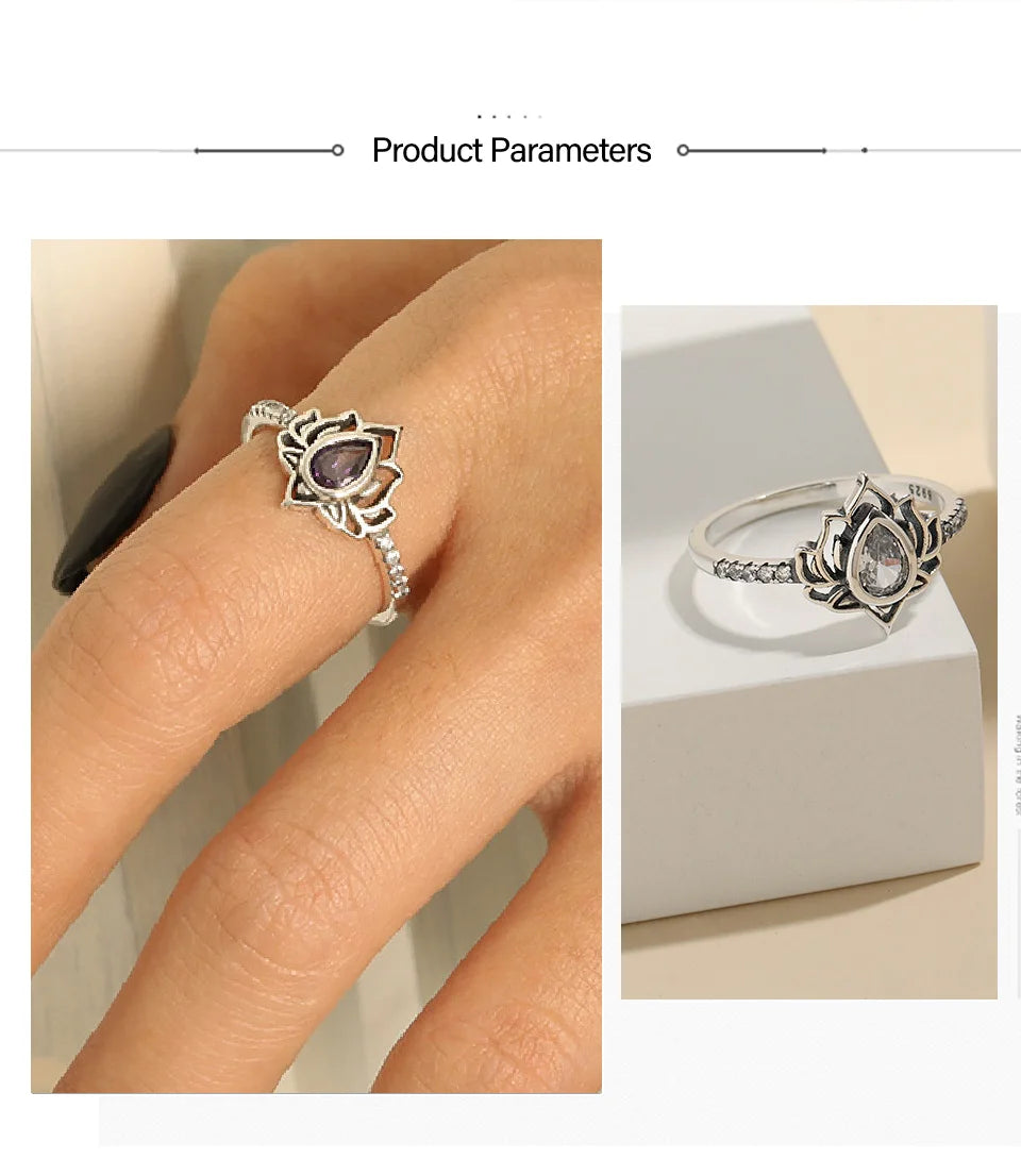 YILUOCD 925 Thai silver Adjustable Rings For Women Lotus Flower Colorful Zircon Ring Boho Female Fine Jewelry Gift