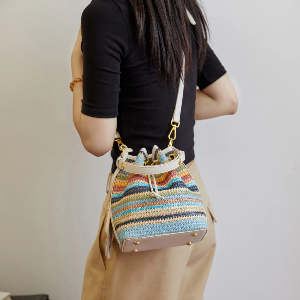2 Pcs/set Bucket Design Crossbody Bag 2025 Boho Beach Shoulder Purses and Handbags Summer Colorful Straw Bolsa Feminina New