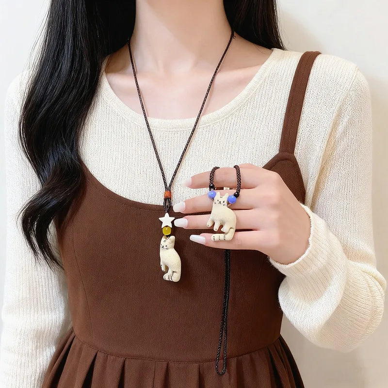 Trendy 3D Cute Kitten Pendant Necklace for Women, Retro Fashion Elegant Women's Versatile Sweater Necklace Wholesale