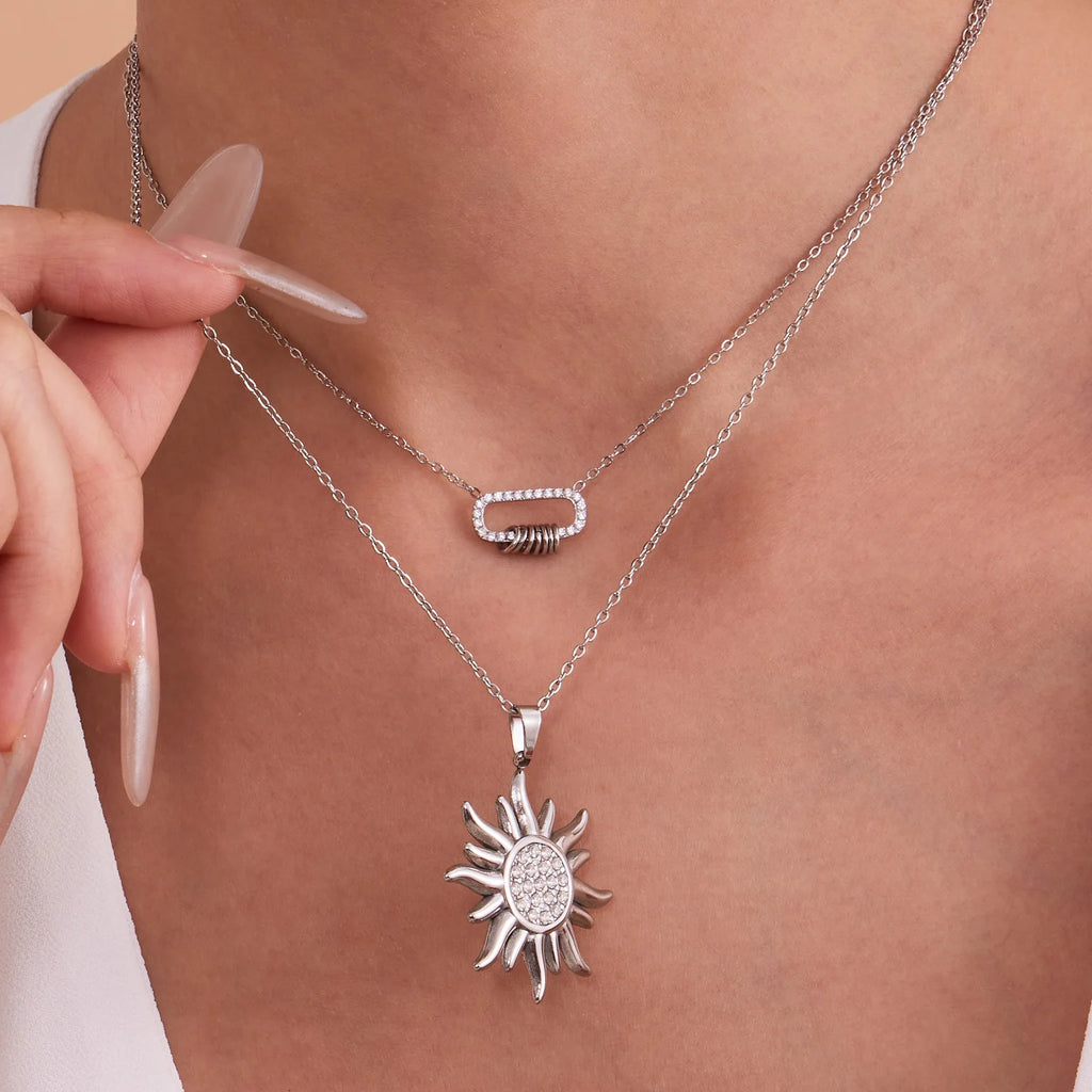 Liora Delicate Zircon Sun Oval Pendant Stainless Steel Chain Necklaces For Women Wedding Charm Neck Drop Choker Women Jewelry