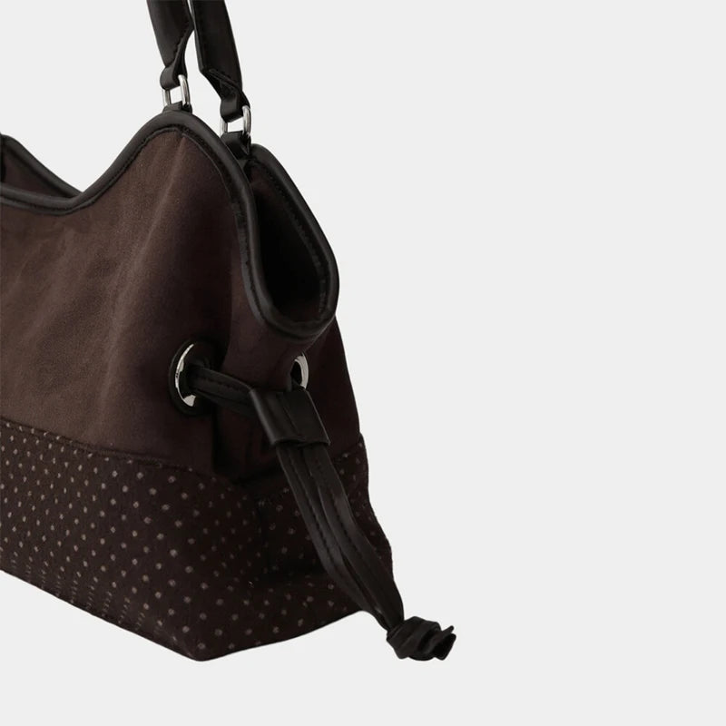 Polka Dot Suede Shoulder Bag Women Stylish Brown Slouchy Tote Drawstring Design Magnetic Buckle Underarm Bag With Star Pendant
