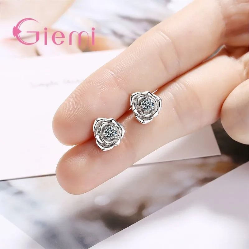 Sparkling 100% Solid 925 Sterling Silver Stud Earrings Clear AAA Cubic Zircon Rose Design Jewelry for Women Wedding Engagement