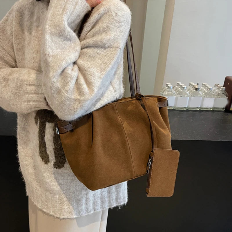 Suede Shoulder Bags for Women Large Capacity Totes Lightweight Underarm Bag Casual Shopper Handbag Solid Color Travel Bucket Bag